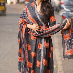 Aabha” Charcoal Cotton Suit Set | Traditional Elephant Print