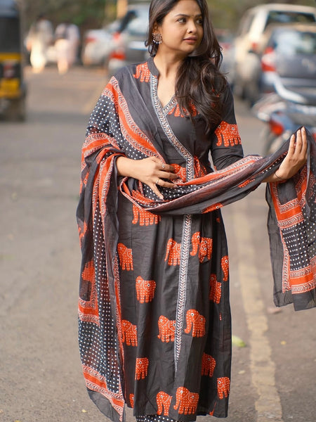 Aabha” Charcoal Cotton Suit Set | Traditional Elephant Print