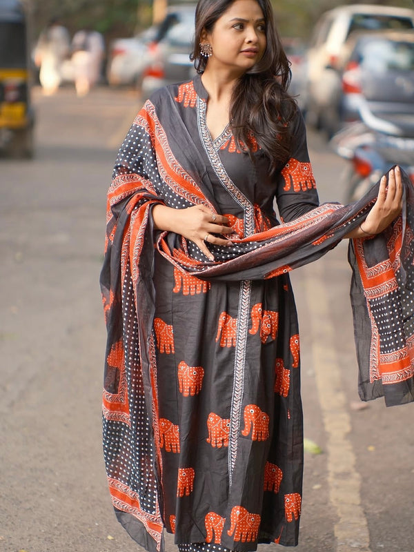 Aabha” Charcoal Cotton Suit Set | Traditional Elephant Print