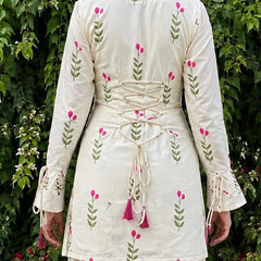 Ivory Floral Print Cotton Suit Set with Farshi Salwar & Tie up waist Detailing