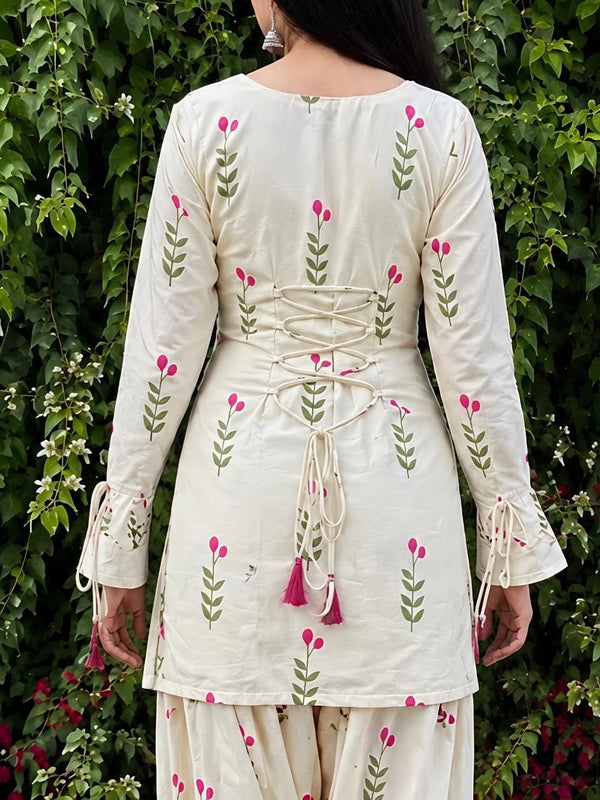 Ivory Floral Print Cotton Suit Set with Farshi Salwar & Tie up waist Detailing