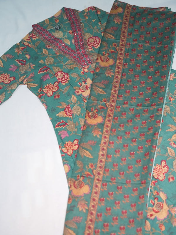 Rama Green Cotton Suit Piece with Phool Print