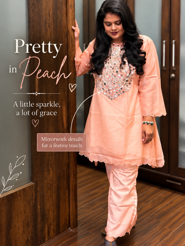 Peach Mirror Work Ethnic Kurta Set