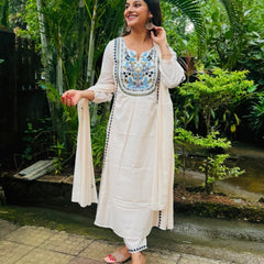 White Floral Embroidered Suit Set with Dupatta