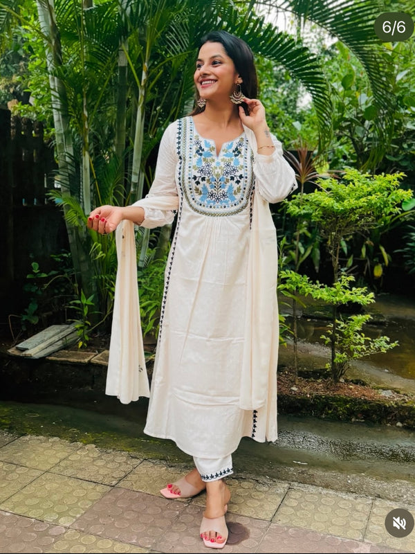 White Floral Embroidered Suit Set with Dupatta