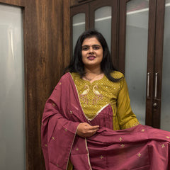 Mustard Yellow Embroidered Kurta Set with Wine Dupatta