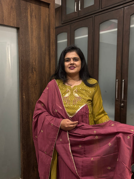 Mustard Yellow Embroidered Kurta Set with Wine Dupatta