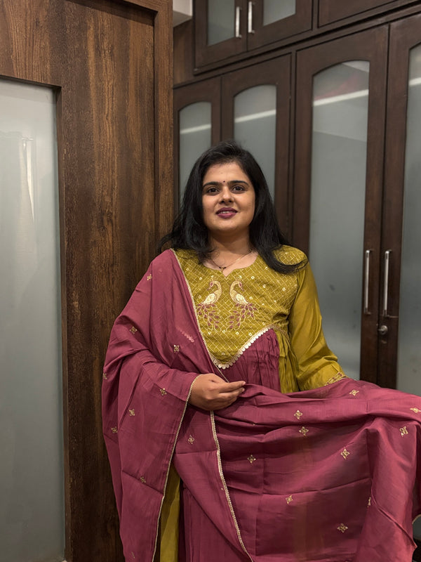 Mustard Yellow Embroidered Kurta Set with Wine Dupatta