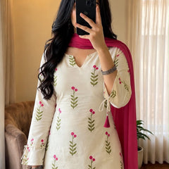 Ivory Floral Print Cotton Suit Set with Farshi Salwar & Tie up waist Detailing