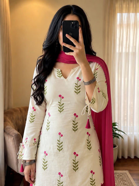 Ivory Floral Print Cotton Suit Set with Farshi Salwar & Tie up waist Detailing