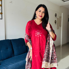 Gul-e-Noor Cotton Kurta Set | Wine with Printed Dupatta