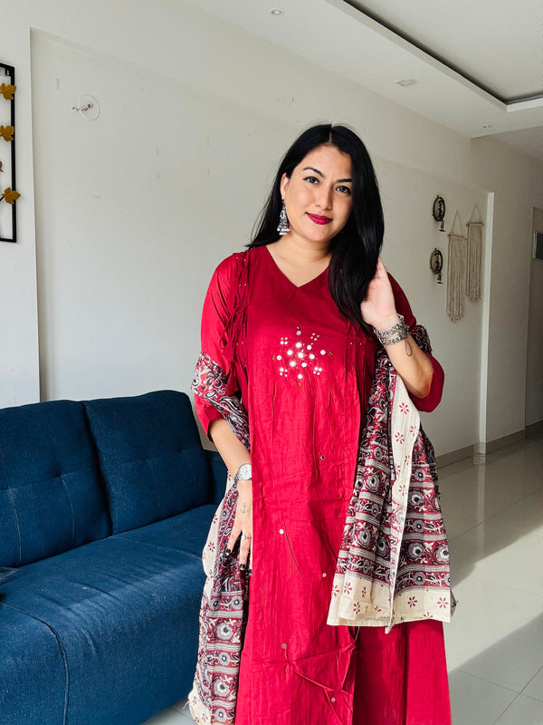 Gul-e-Noor Cotton Kurta Set | Wine with Printed Dupatta