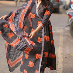 Aabha” Charcoal Cotton Suit Set | Traditional Elephant Print
