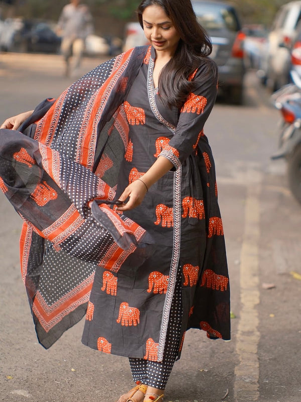 Aabha” Charcoal Cotton Suit Set | Traditional Elephant Print