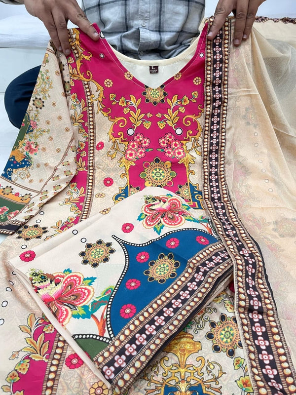 Festive Multicolour Printed Muslin Cotton Suit Set