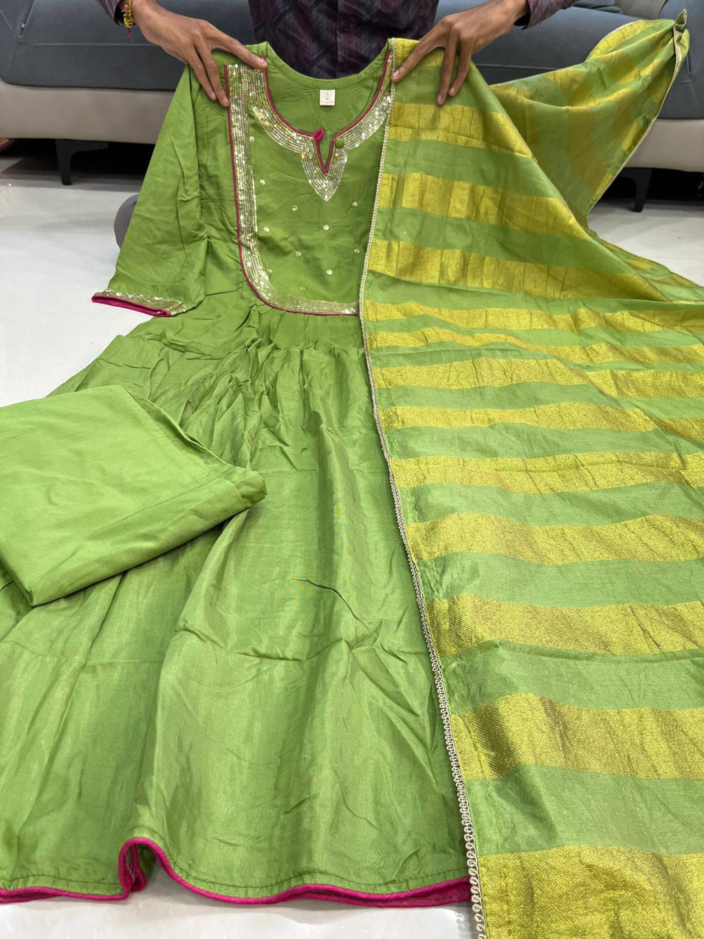 Maheshwari Silk Suit Set with Stripped Dupatta