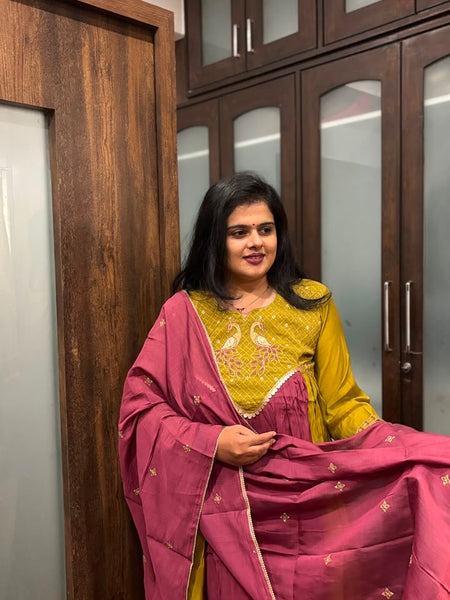 Mustard Yellow Embroidered Kurta Set with Wine Dupatta