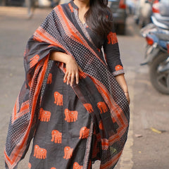 Aabha” Charcoal Cotton Suit Set | Traditional Elephant Print