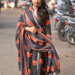 Aabha” Charcoal Cotton Suit Set | Traditional Elephant Print