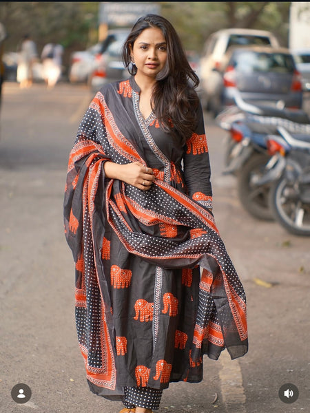 Aabha” Charcoal Cotton Suit Set | Traditional Elephant Print