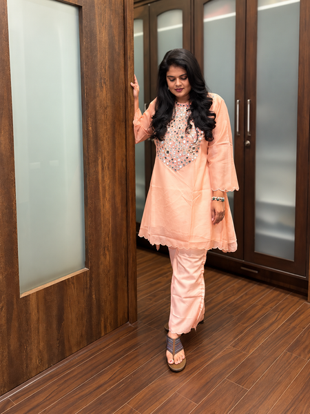 Peach Mirror Work Ethnic Kurta Set