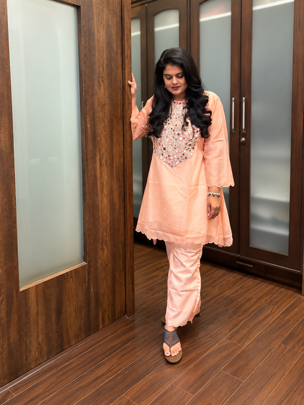 Peach Mirror Work Ethnic Kurta Set