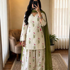 Ivory Floral Print Cotton Suit Set with Farshi Salwar & Tie up waist Detailing