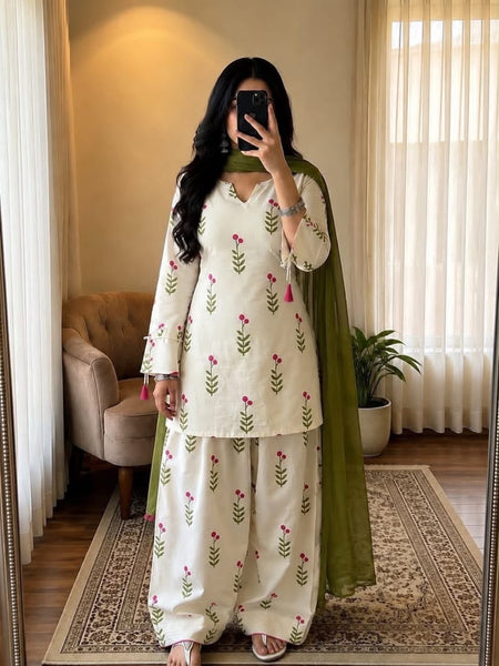 Ivory Floral Print Cotton Suit Set with Farshi Salwar & Tie up waist Detailing