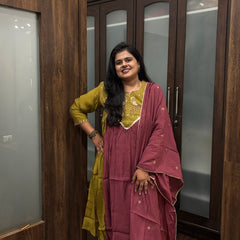 Mustard Yellow Embroidered Kurta Set with Wine Dupatta