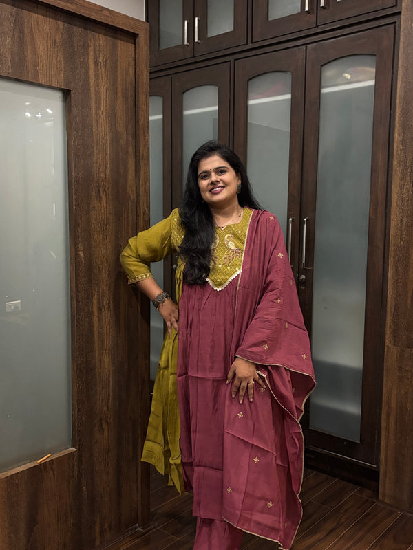 Mustard Yellow Embroidered Kurta Set with Wine Dupatta