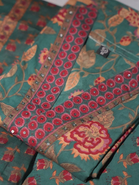 Rama Green Cotton Suit Piece with Phool Print