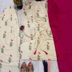 Ivory Floral Print Cotton Suit Set with Farshi Salwar & Tie up waist Detailing