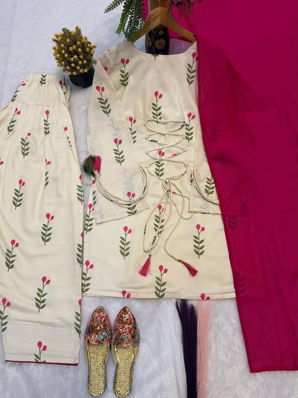 Ivory Floral Print Cotton Suit Set with Farshi Salwar & Tie up waist Detailing