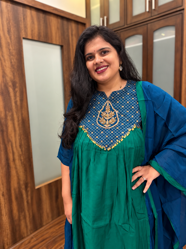 Emerald Green & Royal Blue Embroidered Kurta Pant Set with Dupatta