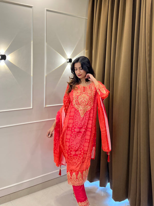 Coral Printed Embroidered Kurta Set with Dupatta