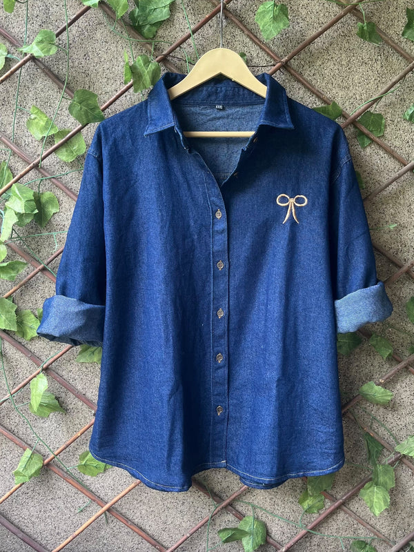 Bow Embroidered Denim Shirt | Free Size