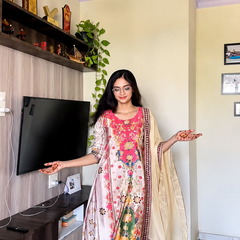 Festive Multicolour Printed Muslin Cotton Suit Set