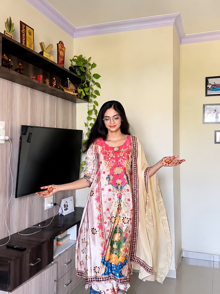 Festive Multicolour Printed Muslin Cotton Suit Set