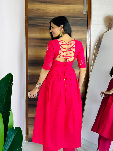 Fuchsia Pink Embroidered Anarkali Co-ord Set with back detailing