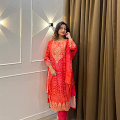 Coral Printed Embroidered Kurta Set with Dupatta