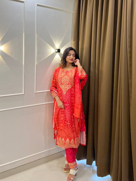 Coral Printed Embroidered Kurta Set with Dupatta