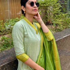 Sage Green Handwoven-Style Kurta Set with Green Dupatta