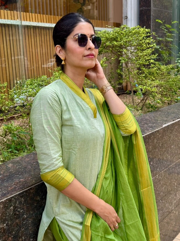 Sage Green Handwoven-Style Kurta Set with Green Dupatta