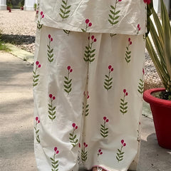 Ivory Floral Print Cotton Suit Set with Farshi Salwar & Tie up waist Detailing