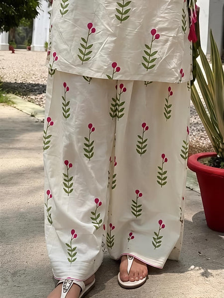 Ivory Floral Print Cotton Suit Set with Farshi Salwar & Tie up waist Detailing