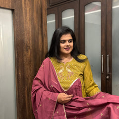Mustard Yellow Embroidered Kurta Set with Wine Dupatta