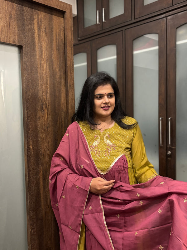 Mustard Yellow Embroidered Kurta Set with Wine Dupatta