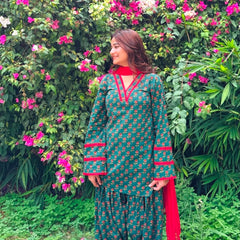 Gulnaar Teal Printed Farshi Salwar Set