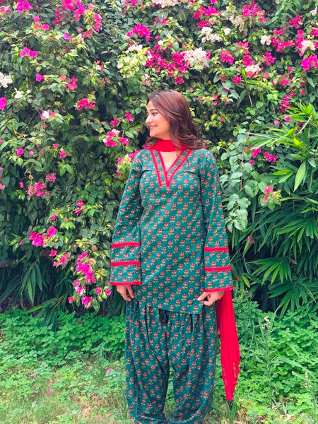 Gulnaar Teal Printed Farshi Salwar Set