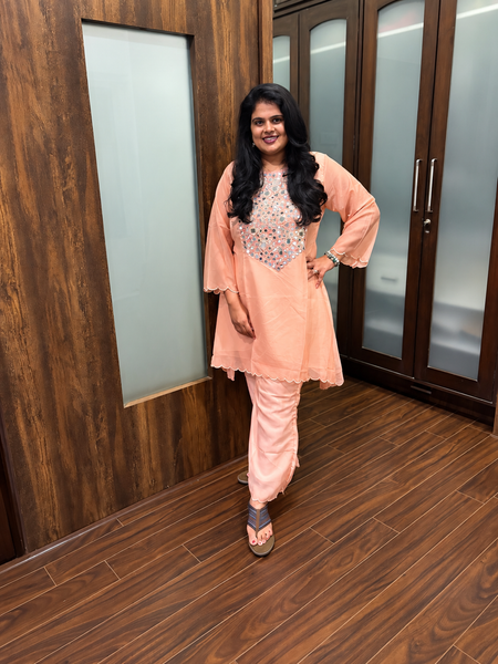 Peach Mirror Work Ethnic Kurta Set